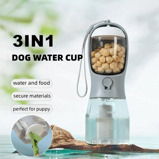Dog"3-in-1 Pet Travel Cup – Water, Food & Waste Bags"